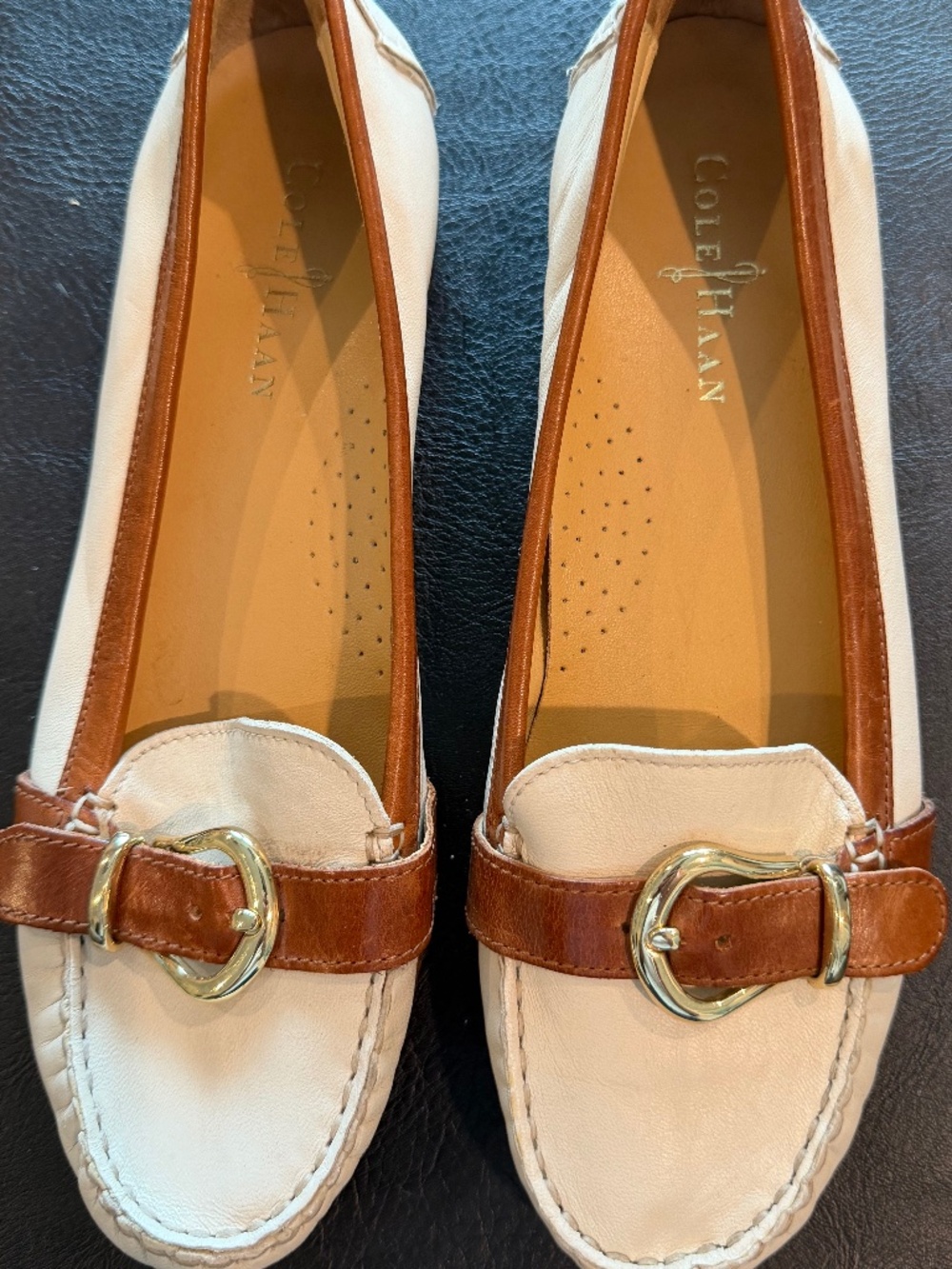 Cole Haan White Tan Trim Leather Loafers with Gold Tone Buckle 8
